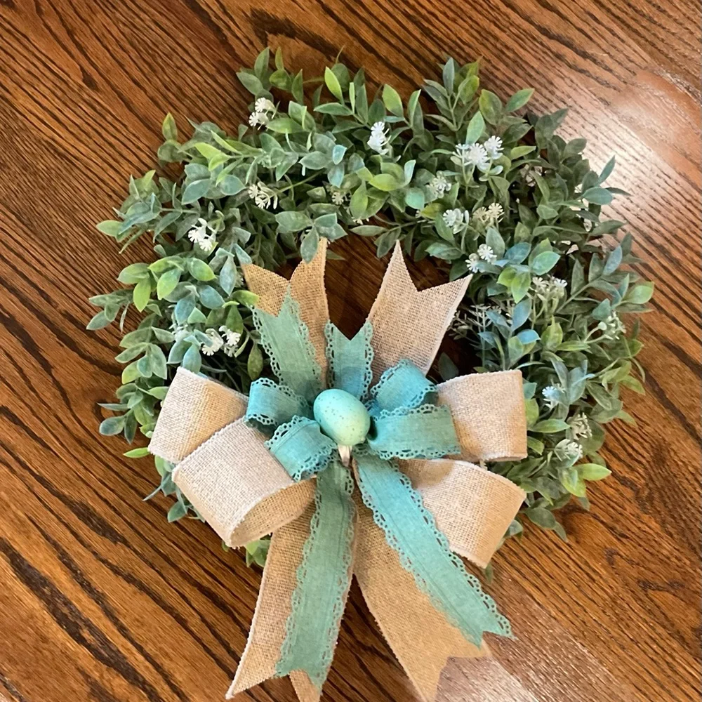 Spring Greenery Burlap Wreath with Teal Bow